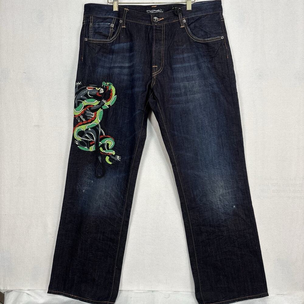 Ed Hardy Christian Audigier Jeans 36x34 Y2K Snake Panther Tiger Tattoo Art 07